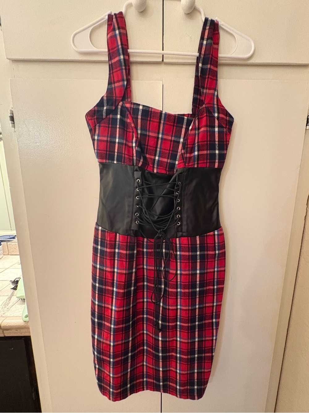 Plaid Lace-Up Waist Dress - Red Plaid